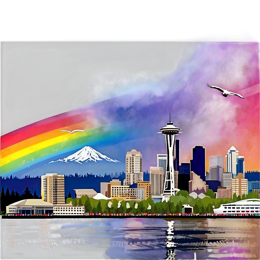 Seattle Skyline With Rainbow Png Rvu17