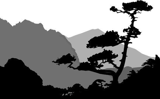 Silhouetted_ Mountain_and_ Tree_ Scene PNG with transparent background