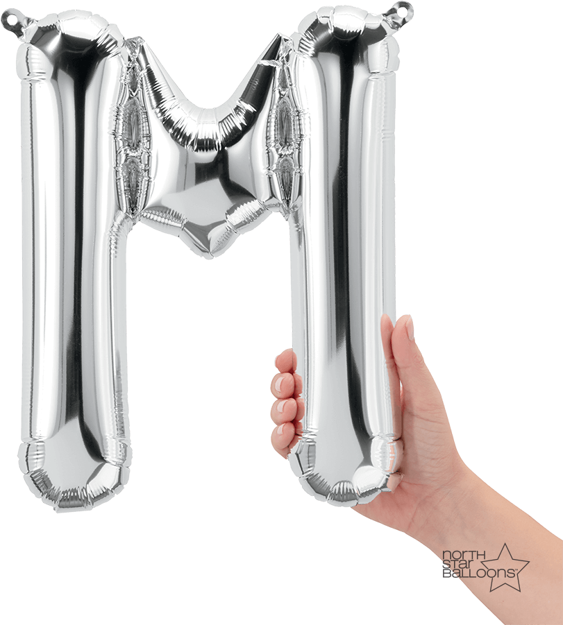 Silver Letter M Balloon Held By Hand