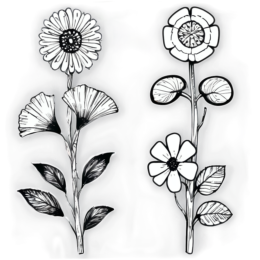 Sketched Black White Flowers Png Mje