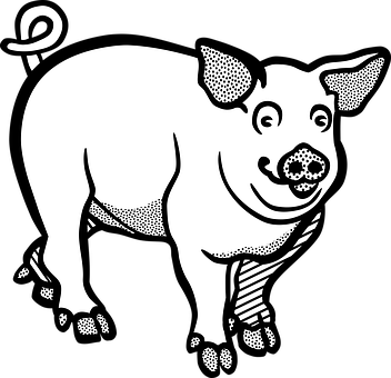 Smiling Blackand White Pig Illustration PNG with transparent background