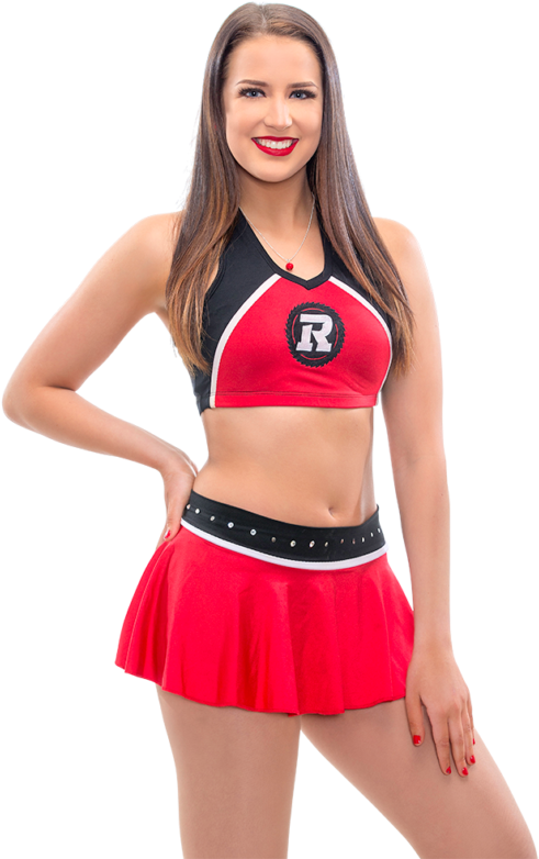 Smiling Cheerleaderin Redand Black Uniform