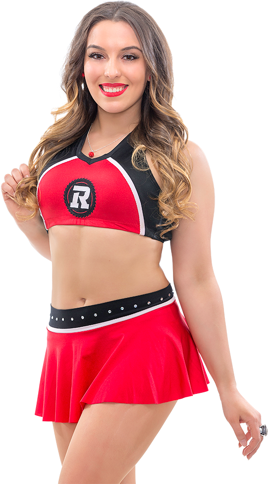 Smiling Cheerleaderin Redand Black Uniform