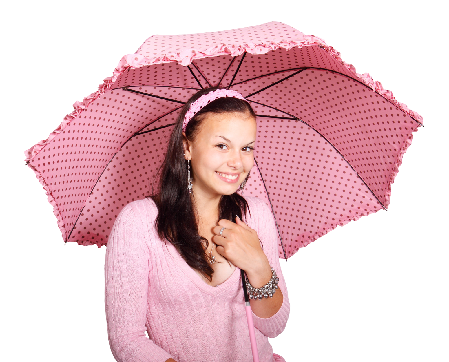 Smiling Girlwith Pink Umbrella PNG with transparent background