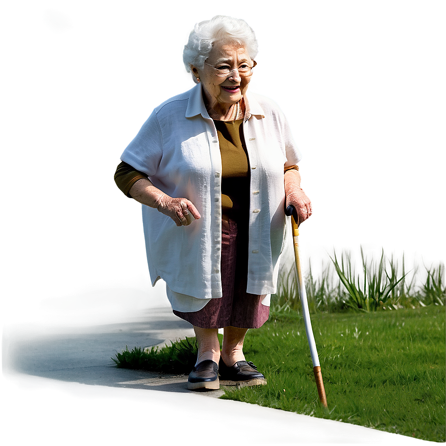 Smiling Grandmother Walking With Cane