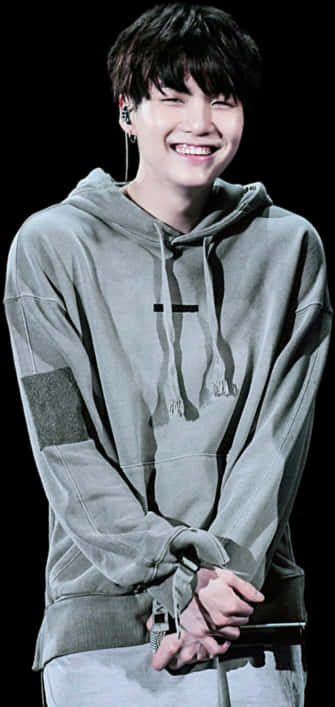 Smiling K Pop Starin Grey Hoodie PNG with transparent background