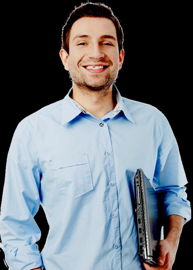 Smiling Man Holding Laptop