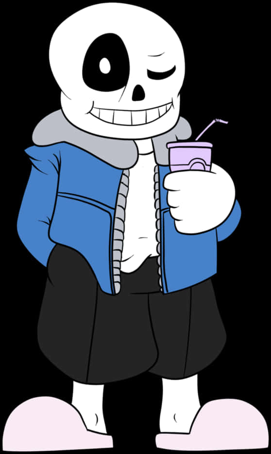 Smiling Skeleton Character Holding Drink PNG with transparent background
