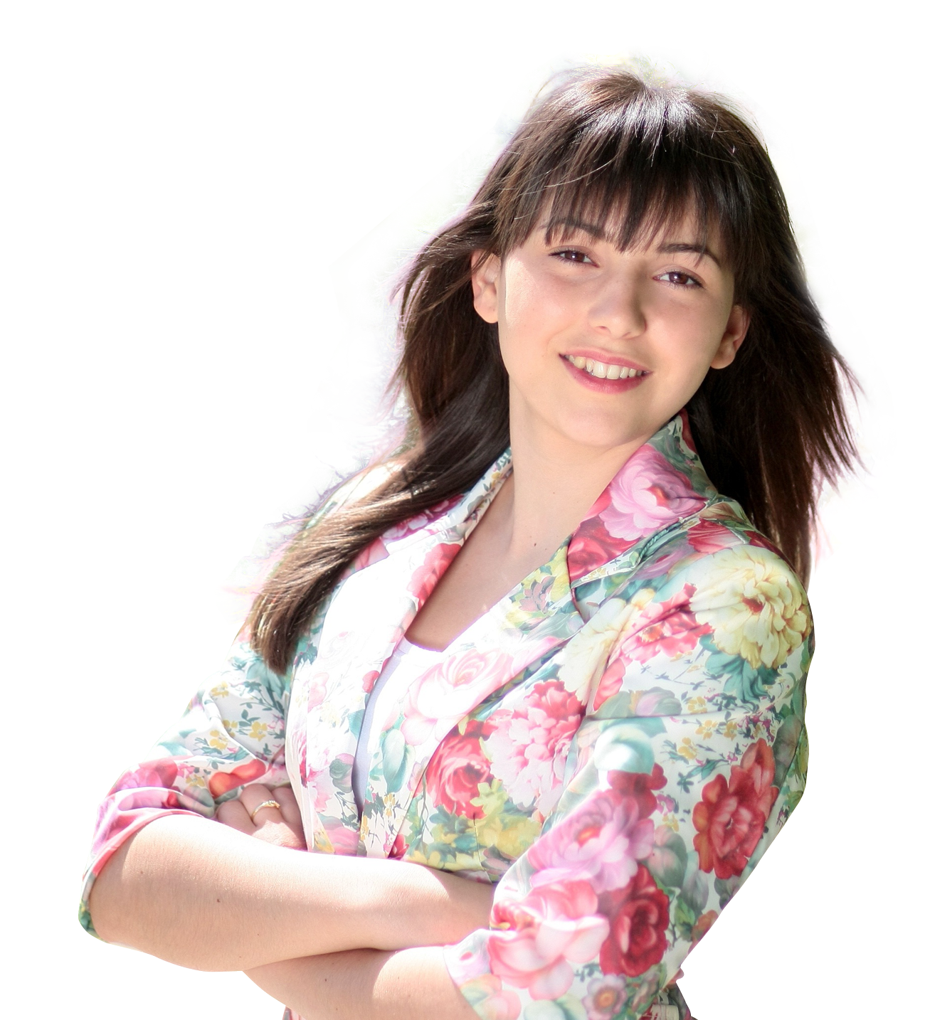 Smiling Woman Floral Blazer PNG with transparent background