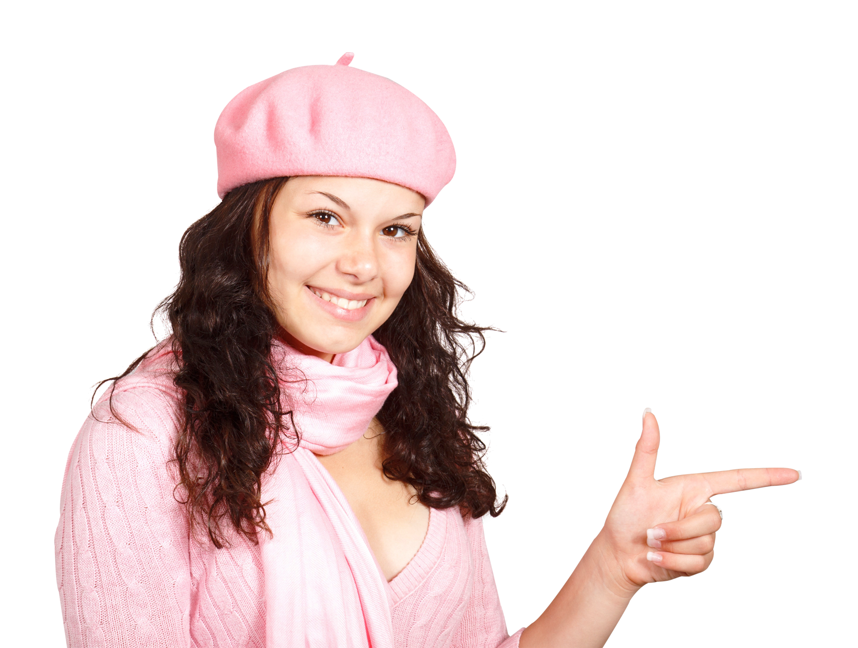 Smiling Woman Pink Beret Pointing