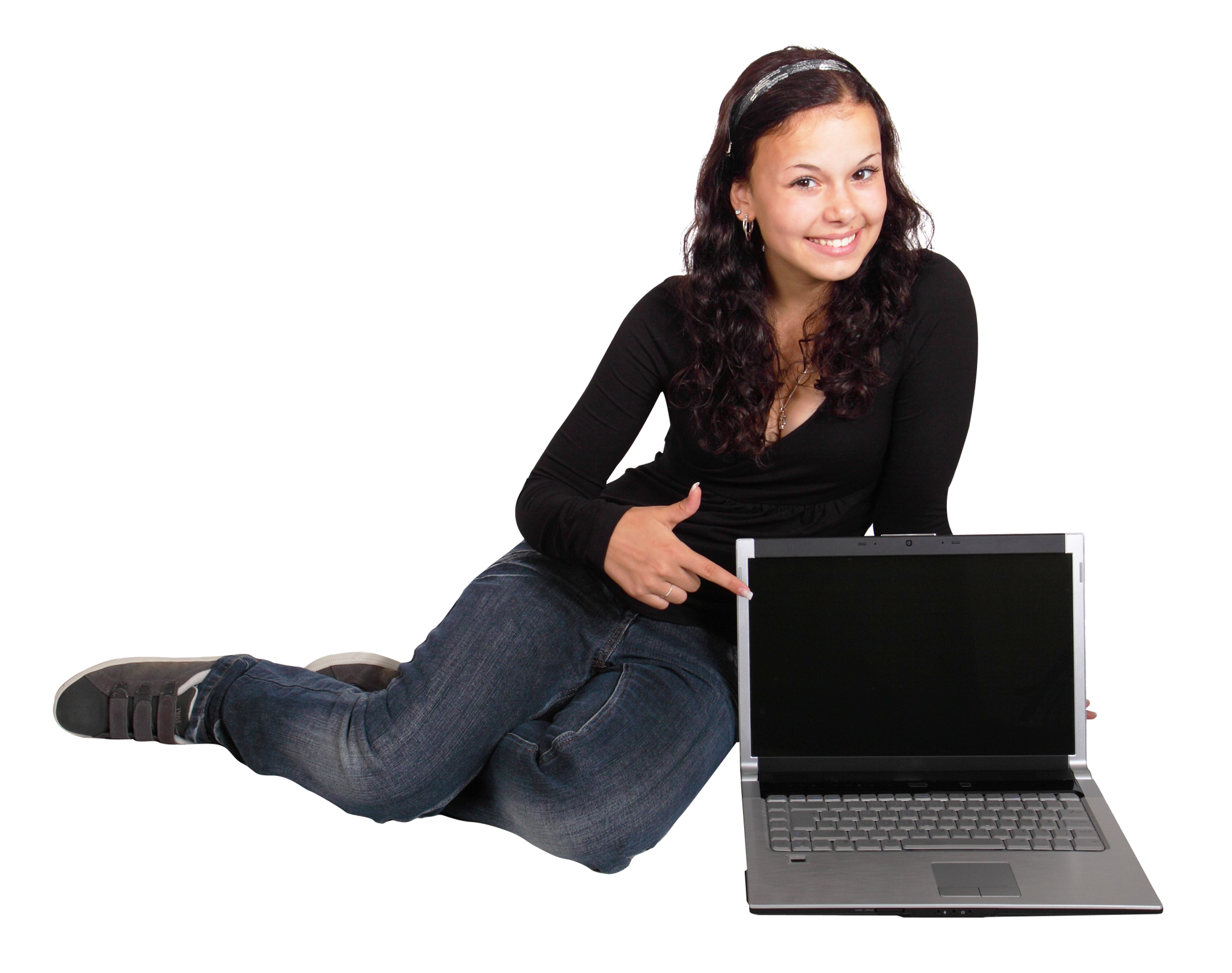 Smiling Woman Presenting Laptop