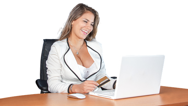 Smiling Woman Shopping Online Office Setting PNG with transparent background