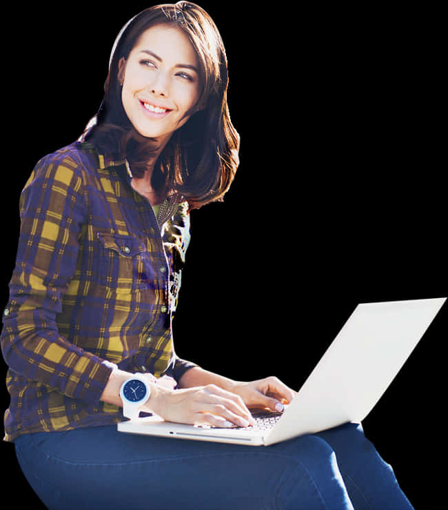 Smiling Woman Using Laptop