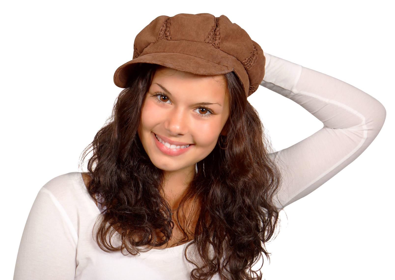 Smiling Womanin Brown Hat PNG with transparent background