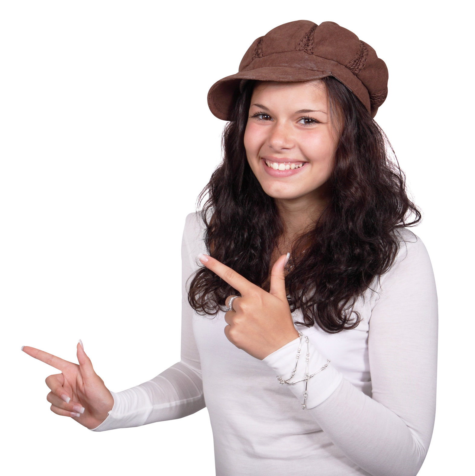 Smiling Womanin Hat Pointing PNG with transparent background