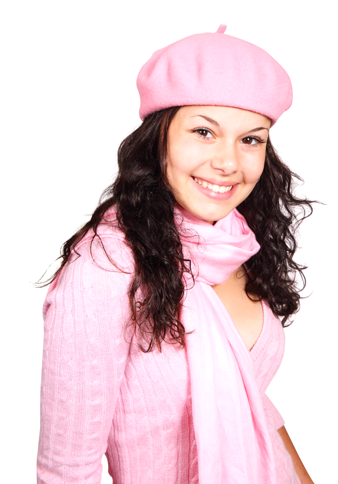 Smiling Womanin Pink Beretand Scarf PNG with transparent background