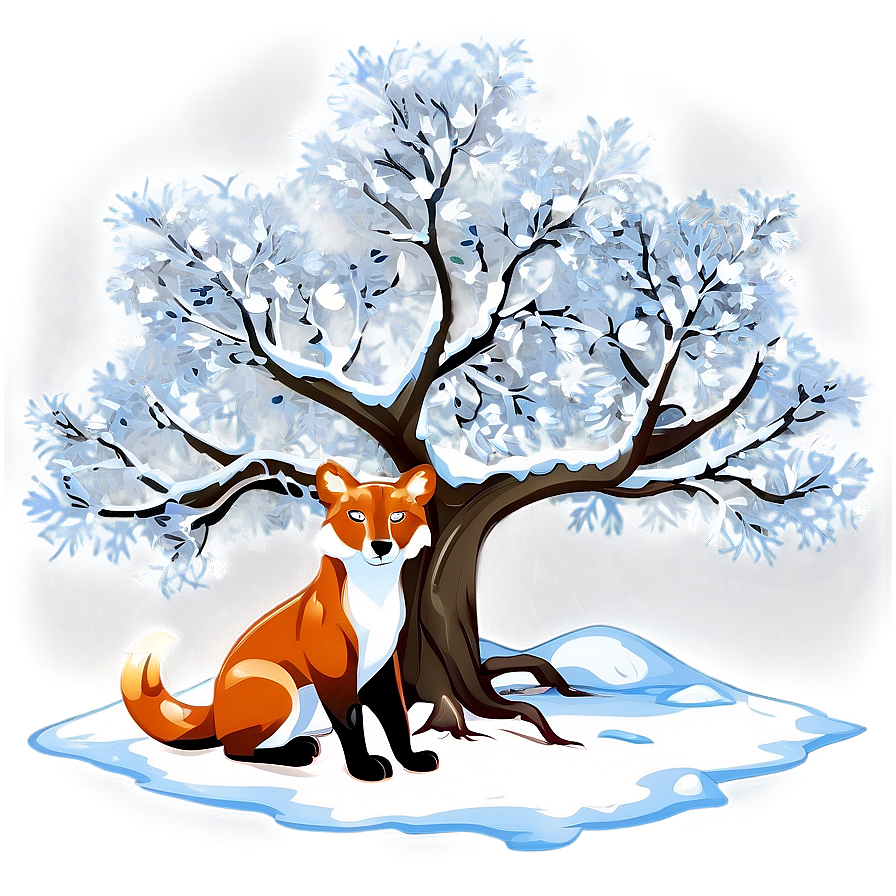 Snowy Tree With Animals Png Coy