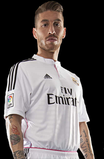 Soccer_ Player_in_ Real_ Madrid_ Kit PNG with transparent background