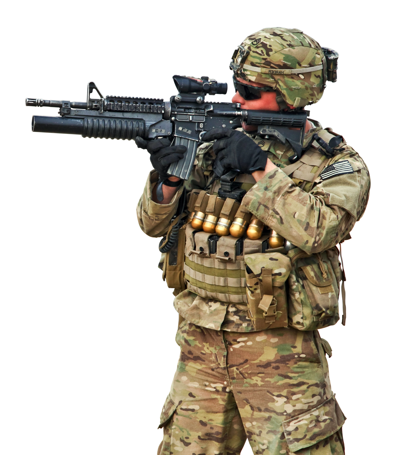 Soldier_in_ Combat_ Gear_ Aiming_ Rifle PNG with transparent background