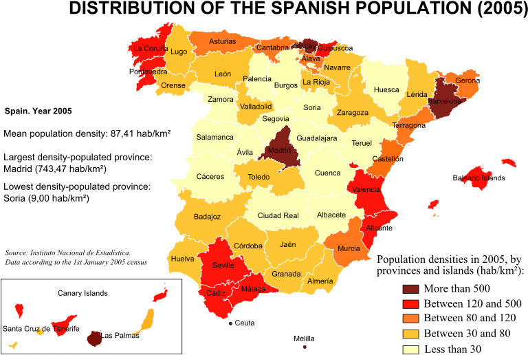 Population Densities In Spain 2005 Large Map - Population Map Of Spain, HD Png Download PNG with transparent background