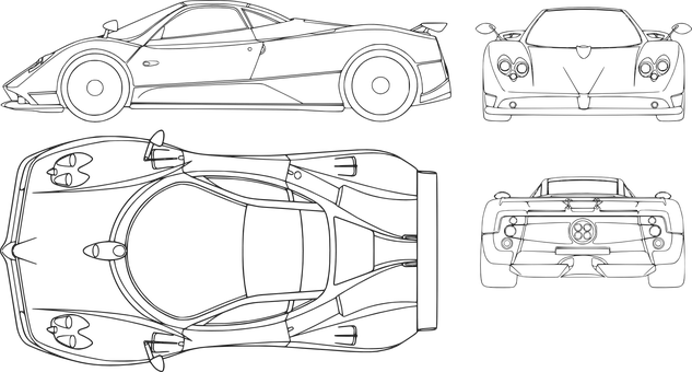 Sports Car Blueprint Vector PNG with transparent background