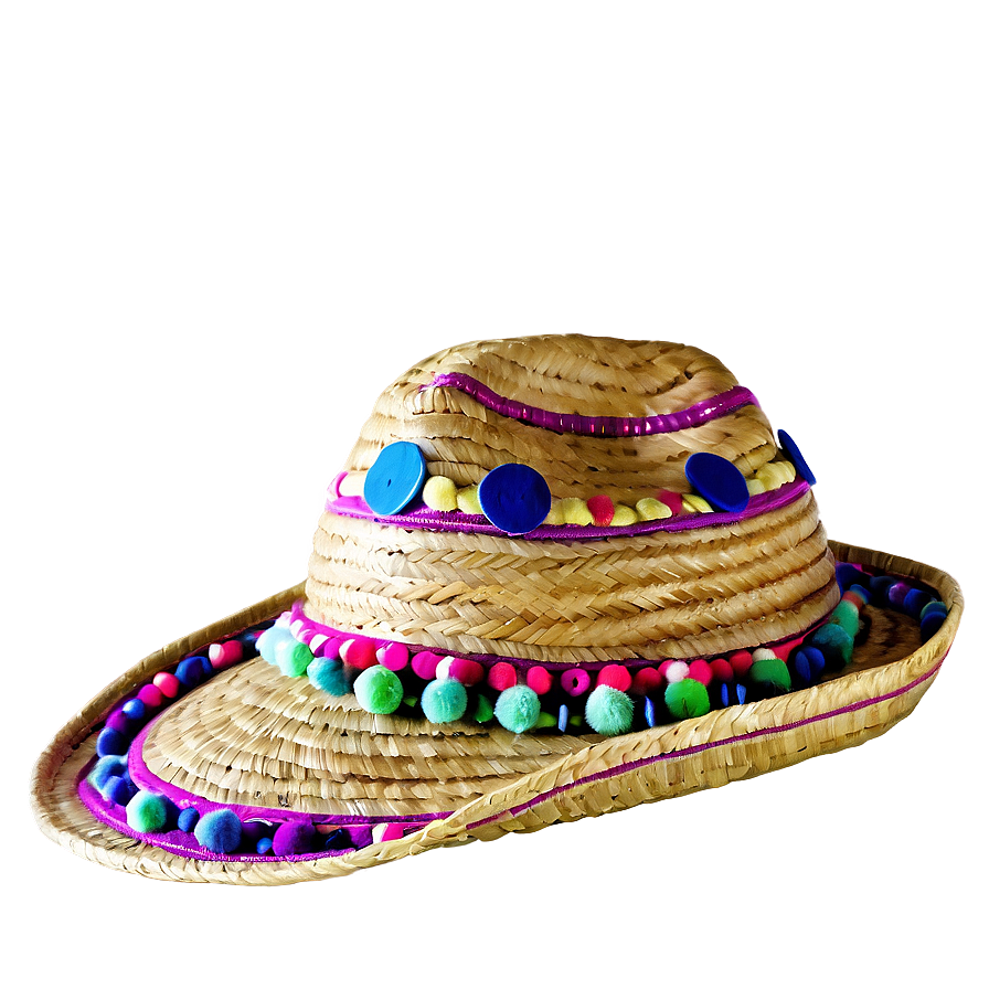 Straw Hat With Pom Poms Png 05252024