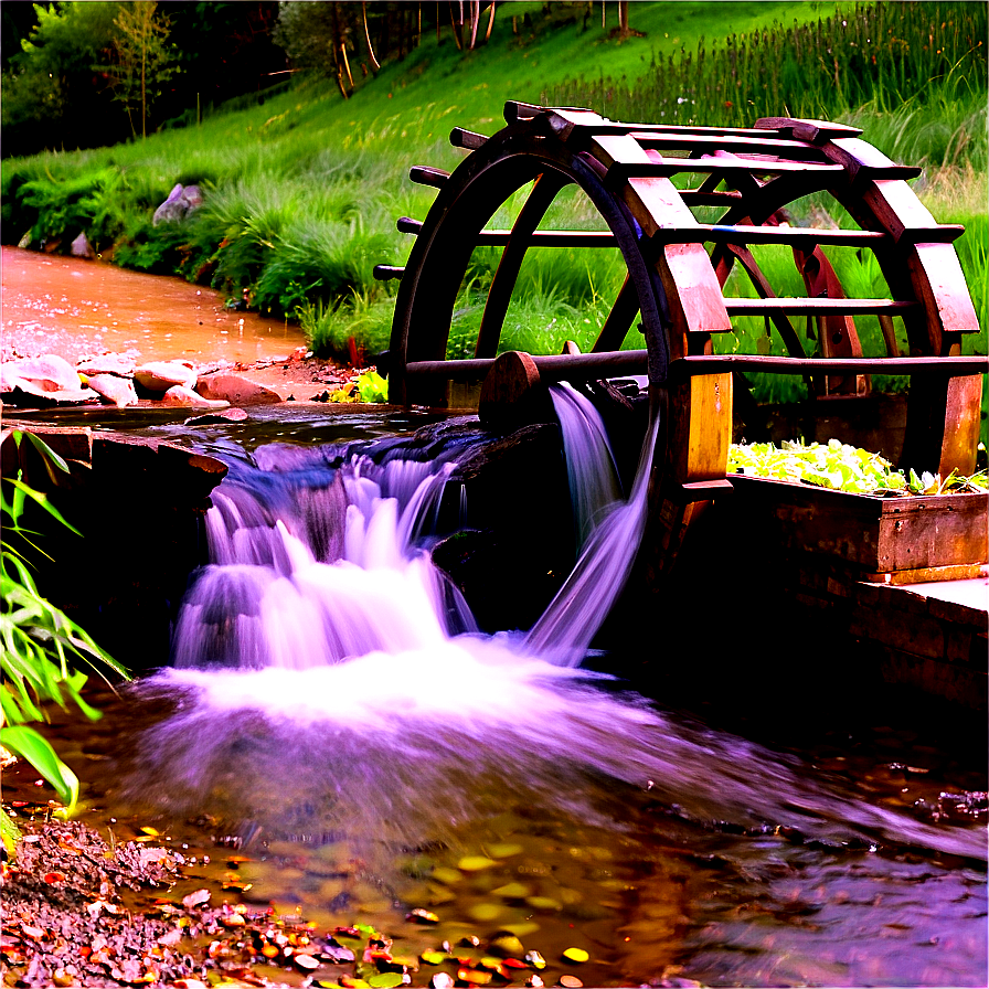 Stream with Waterwheel PNG qka10 PNG with transparent background