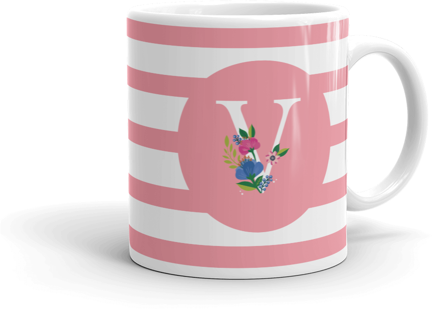 Striped Mugwith Letter Vand Floral Design