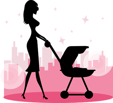 Stylish Mom Pushing Strollerat Night PNG with transparent background