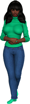 Stylish Womanin Green Sweaterand Jeans