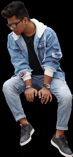 Stylish Young Man Sitting Denim Outfit