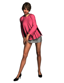 Stylish3 D Modelin Pink Sweaterand Plaid Skirt PNG with transparent background