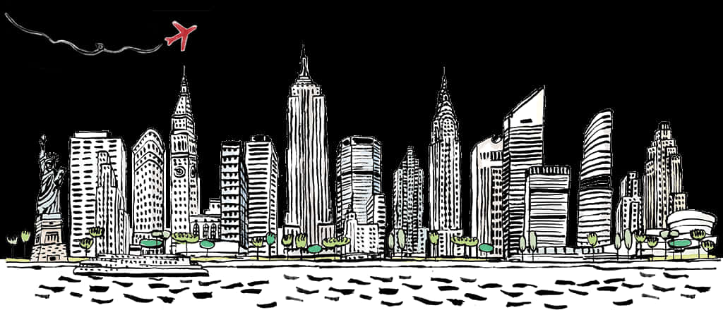 Stylized City Skyline Illustration PNG with transparent background