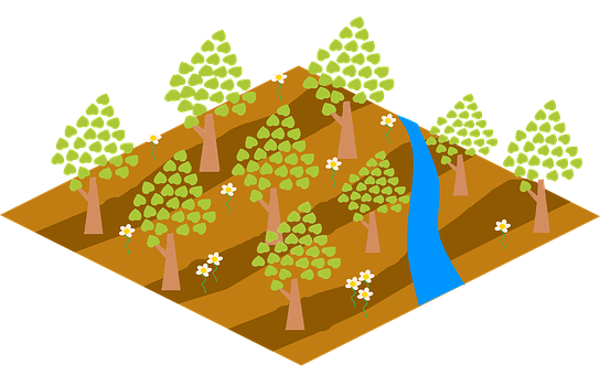 Stylized Farm Orchard River Illustration PNG with transparent background