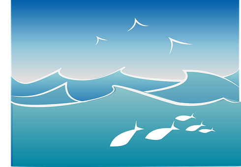 Stylized Ocean Wavesand Fish Illustration 490x340 PNG image with a transparent background, free high-resolution download