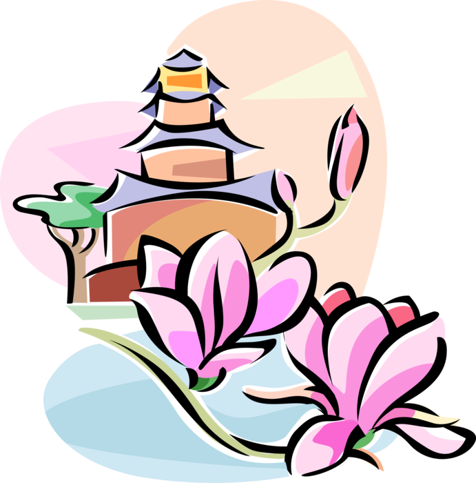 Stylized Pagodaand Magnolia Flowers