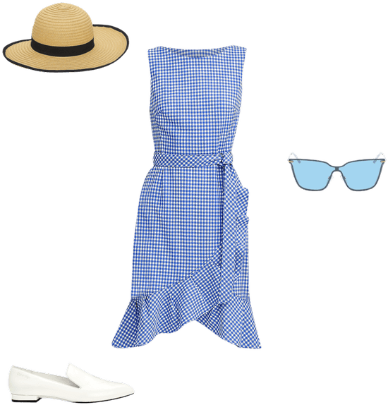 Summer Outfit Straw Hat Blue Gingham Dress White Shoes Sunglasses