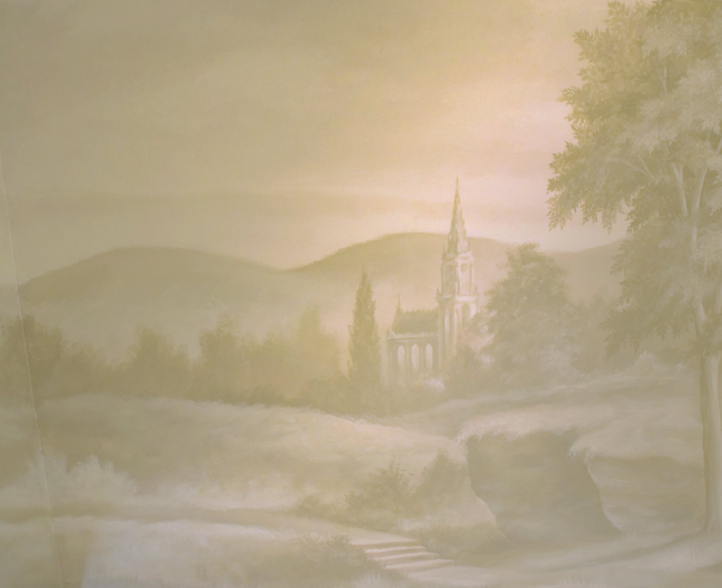 Sunlit Historic Church Landscape PNG with transparent background