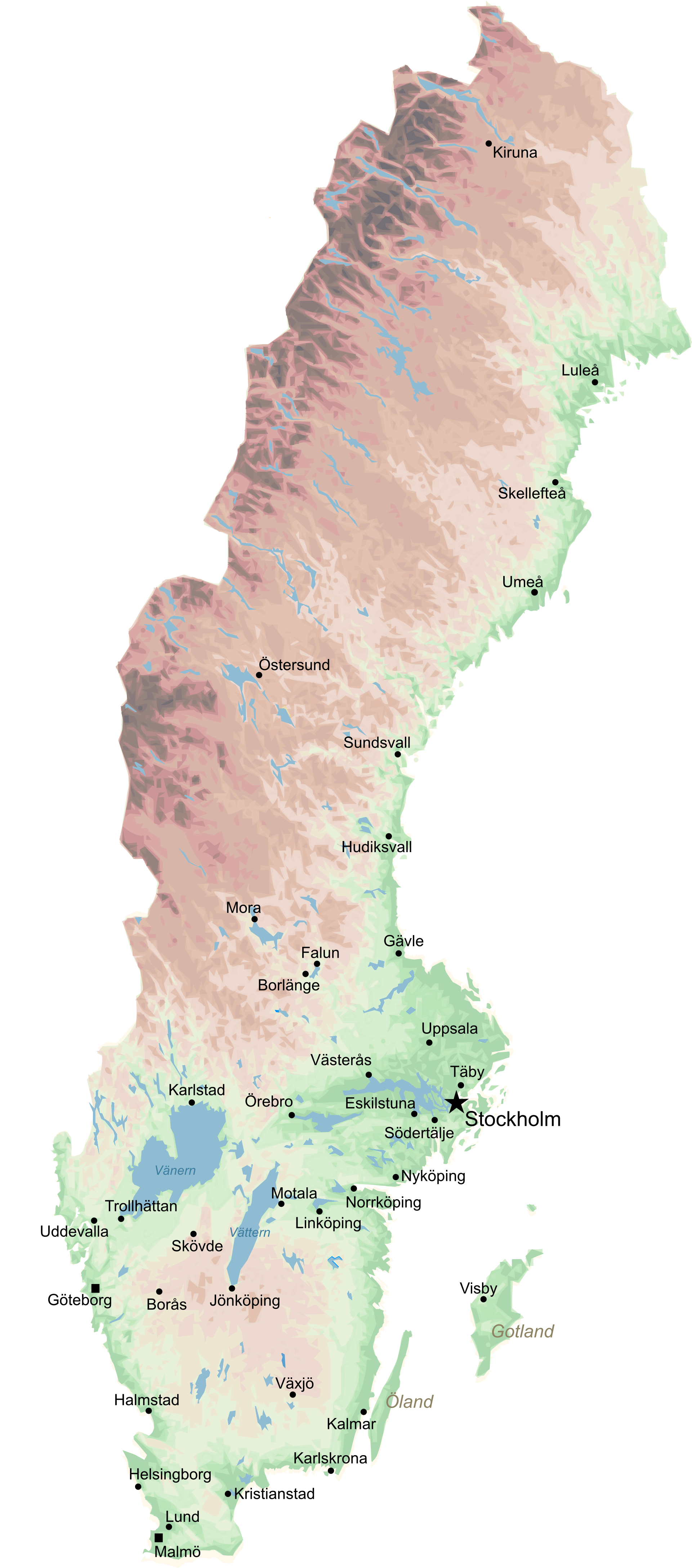 Sweden Topographic Mapwith Cities