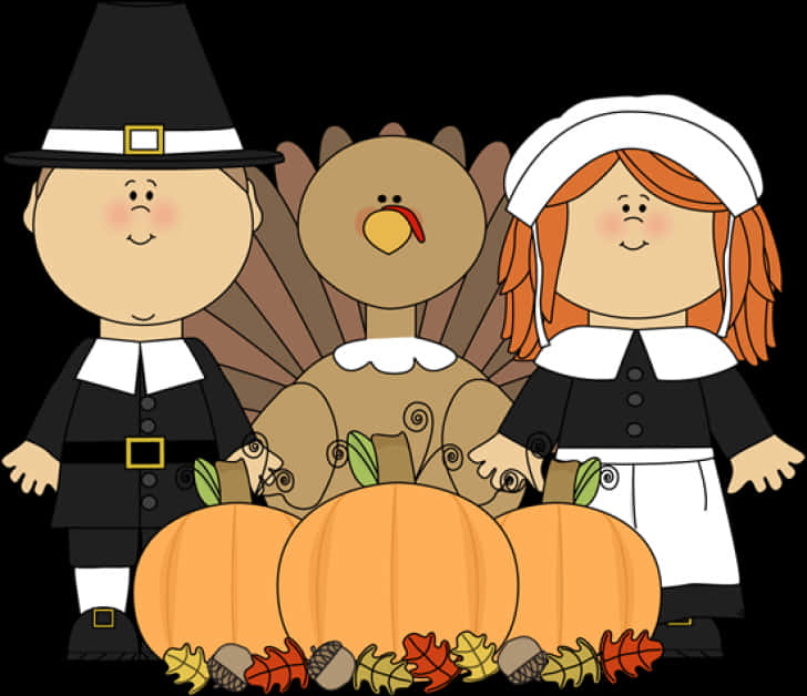Thanksgiving Pilgrimsand Turkey Cartoon PNG with transparent background