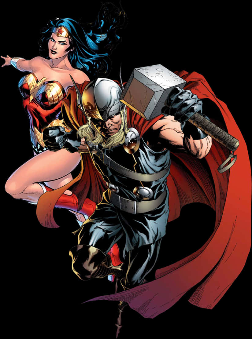 Thor_and_ Wonder_ Woman_ Crossover_ Art PNG with transparent background