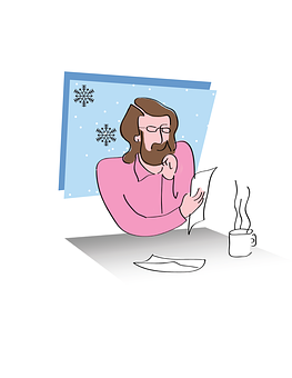 Thoughtful Man Winter Window PNG with transparent background