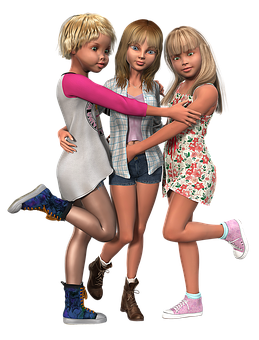 Three Animated Girls Friends Pose