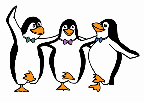 Three Cartoon Penguins Celebrating