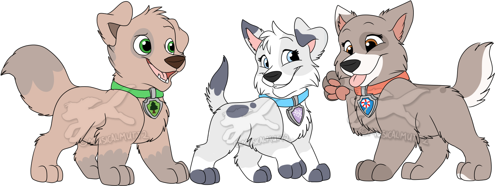 Three Cartoon Pups Friendly Pose