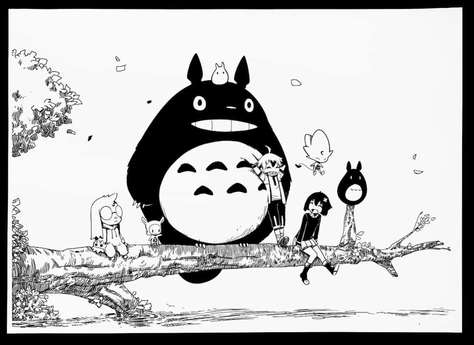 Totoroand Friends Sittingon Tree Branch PNG with transparent background