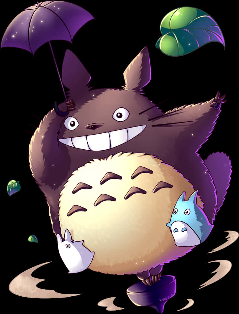 Totoroand Friends Umbrella Flight PNG with transparent background