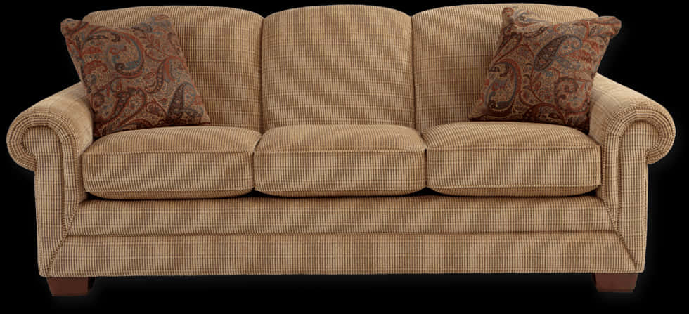 Traditional Beige Fabric Sofawith Pillows PNG with transparent background