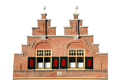 Traditional Brick Facadewith Red Shutters PNG with transparent background