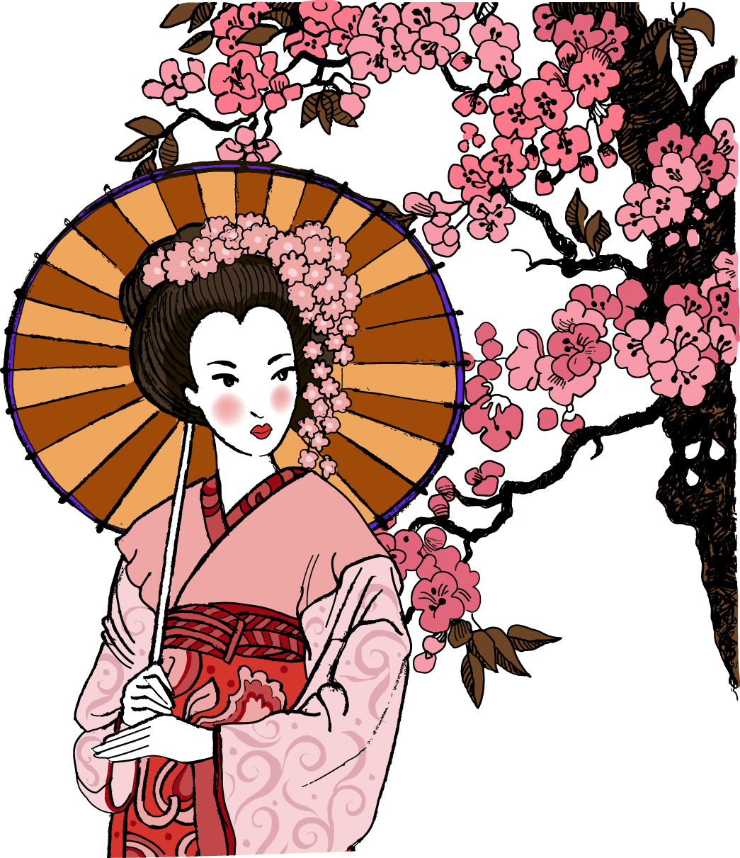 Traditional Geishawith Cherry Blossomsand Umbrella PNG with transparent background